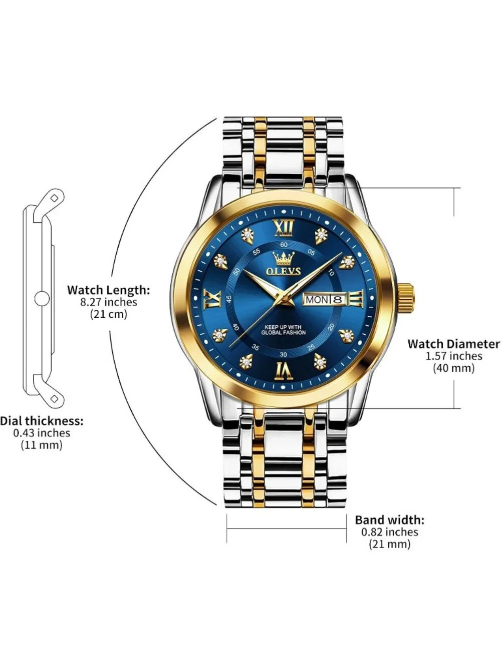 Men's Silver Blue Face Diamond Stainless Steel Band Roman Numbers Classic Watch